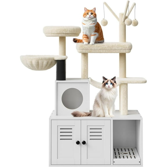 Acekid Multi-Platform Litter Box Enclosure with Cat Tree Tower, Condo, Cat Brush Post & Passage, Hidden Washroom Furniture with Sisal Scratching Post, Plush Perch,White 55in