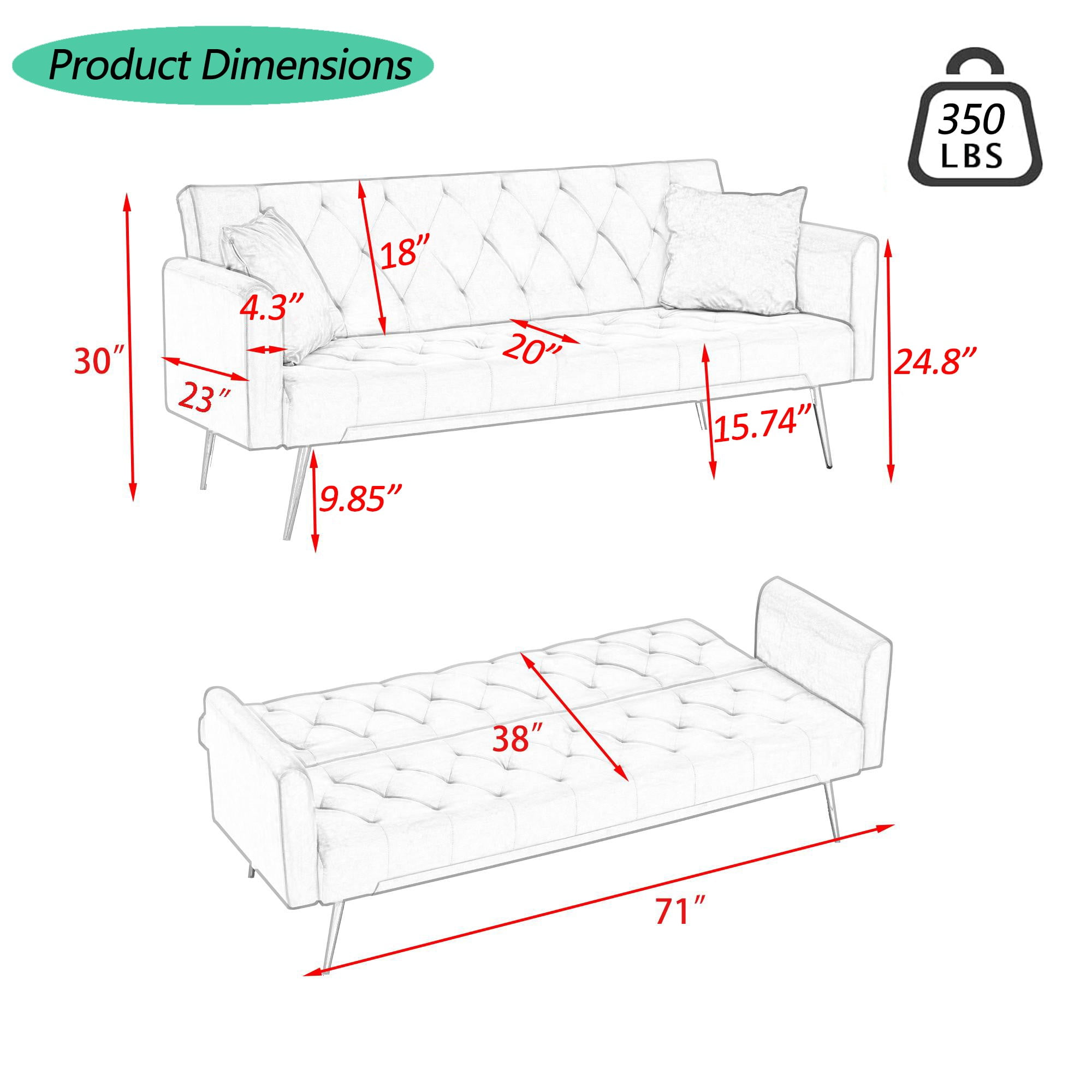 Jopath Velvet Futon Sofa Bed,Convertible Sleeper Couchwith Adjustable Backres & 2 Pillows for Small Spaces,Living Room,Green02