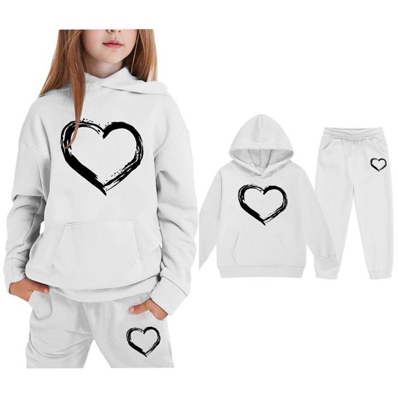 LIUYUNNN Kids Boys Girls Active Sweatsuit 2 Piece Long Sleeve Pullover White Heart Hoodie and Sweatpants Warm Fall Winter Clothes Girls Clothing Size 4-5 Years Boys Girls Autumn and Winter Outfits