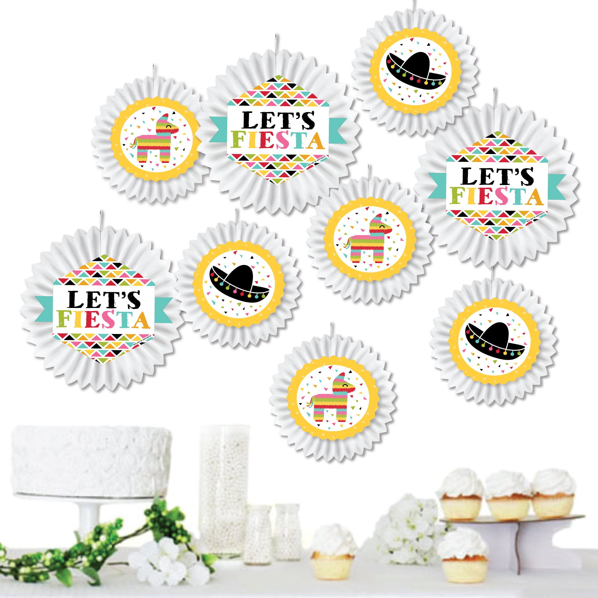 Big Dot of Happiness Let's Fiesta - Hanging Mexican Fiesta Tissue Decoration Kit - Paper Fans - Set of 9