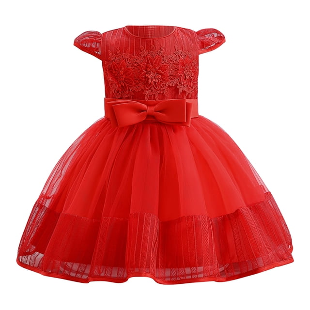 Penkiiy Robe Sans Manches en Dentelle avec Nœud pour Bébé Filles Robe en Gaze Robe de Princesse Robes Décontractées pour Filles 2-3 Ans Rouge en Liquidation