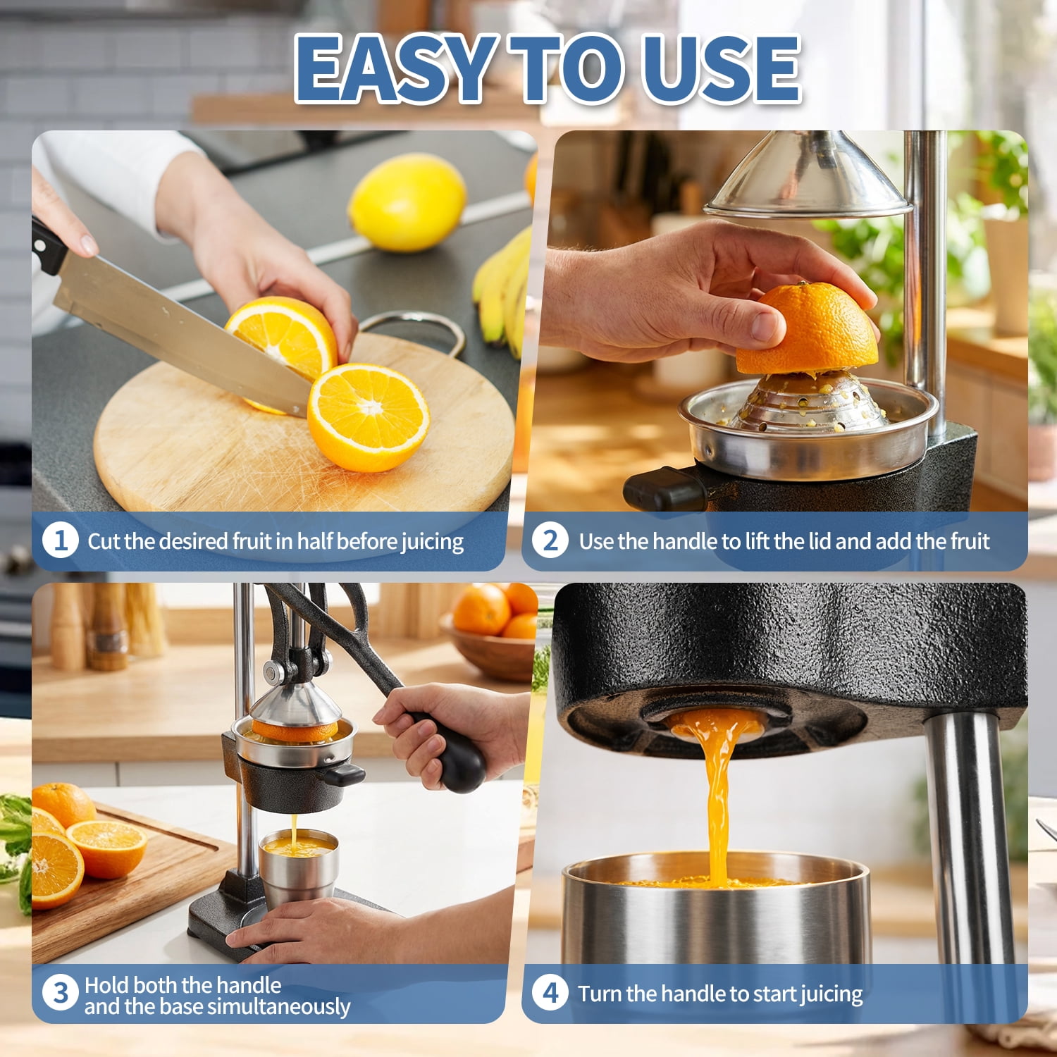 Yucurem Premium Cast Iron Juicer, Extra-Large, Heavy Duty, Commercial Grade, Stainless Steel Manual Juicer for Fresh Orange, Citrus, Pomegranate, Lemon (Black)