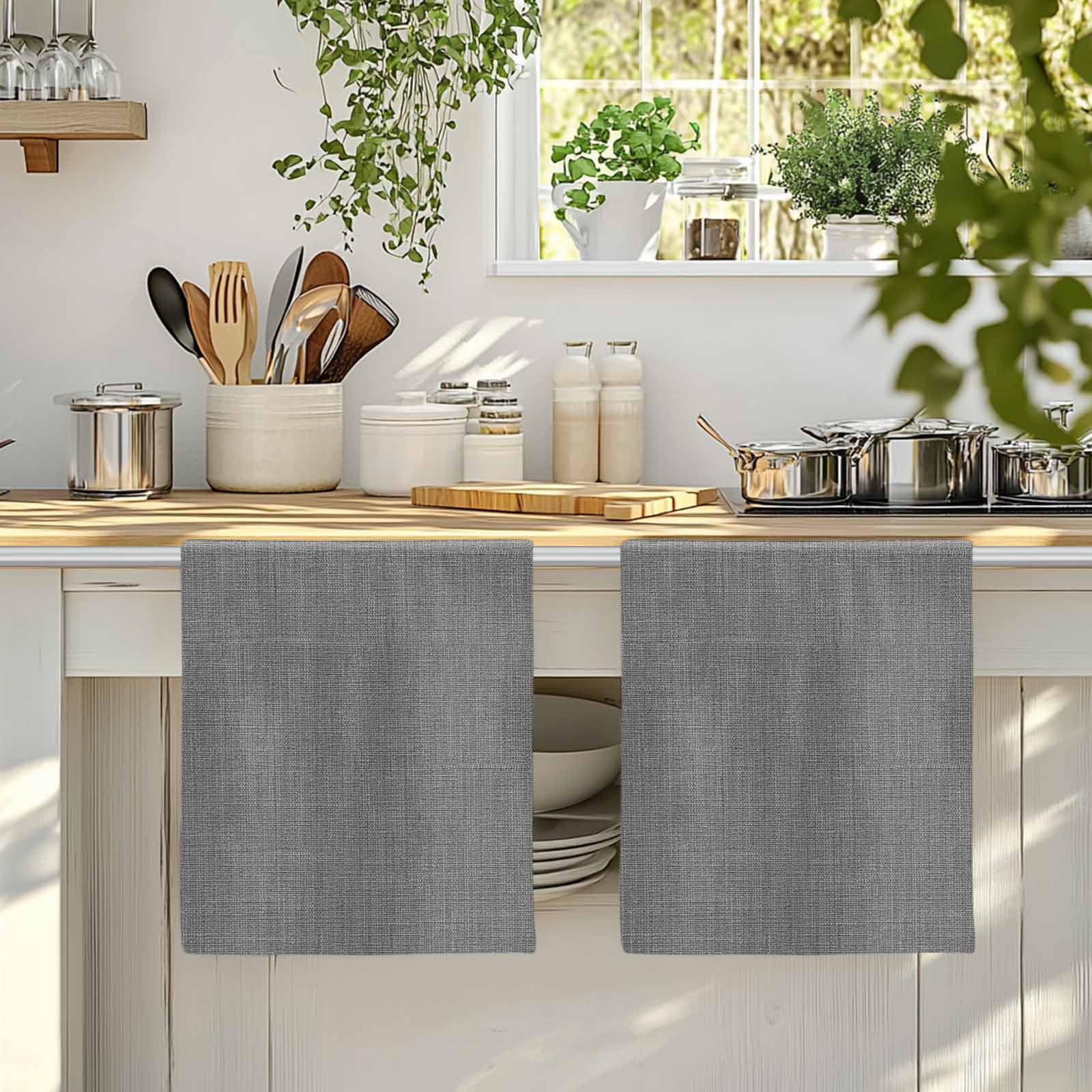 Dark Gray Kitchen Towels Set of 3, Farmhouse Burlap Solid Grey Color Modern Linen Texture Soft Microfiber Dish Towels, Absorbent Washable Dishcloths for Kitchen Cleaning, Drying Dishes, 18x28 Inches