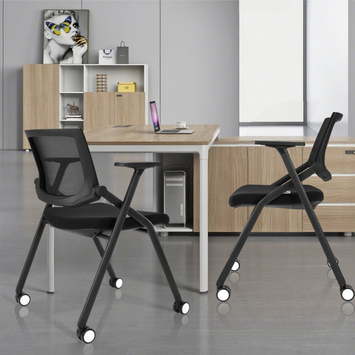 2 Pack Folding Office Chair Stackable Conference Room Chairs with Wheels and Padded Mesh Back Ergonomic for Reception Meeting