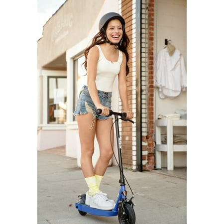 Razor Black Label E100 Electric Scooter - Blue, for Kids Ages 8+ and up to 120 lbs, 8u0022 Pneumatic Front Tire, Up to 10 mph & up to 35 mins of Ride Time, 90W Power Core High-Torque Hub Motor