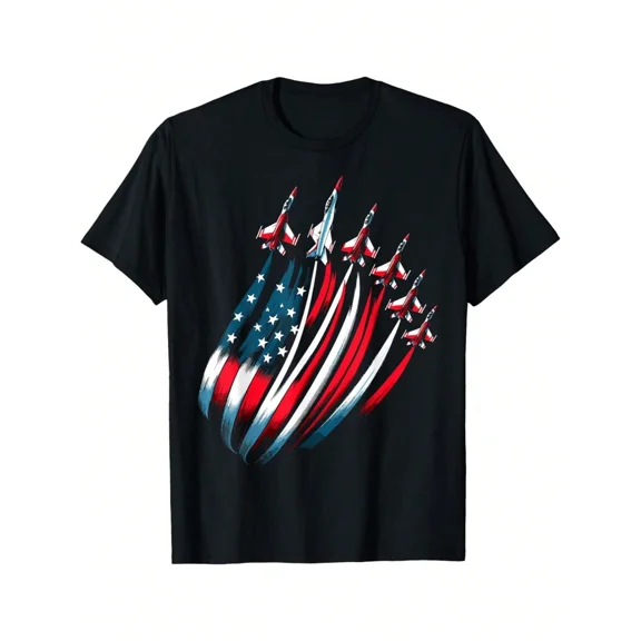 children’s wear Patriotic American Flag Fighter Jet Graphic T-Shirt for Kids Boys, Retro USA Military Airplane Independence Day Tee