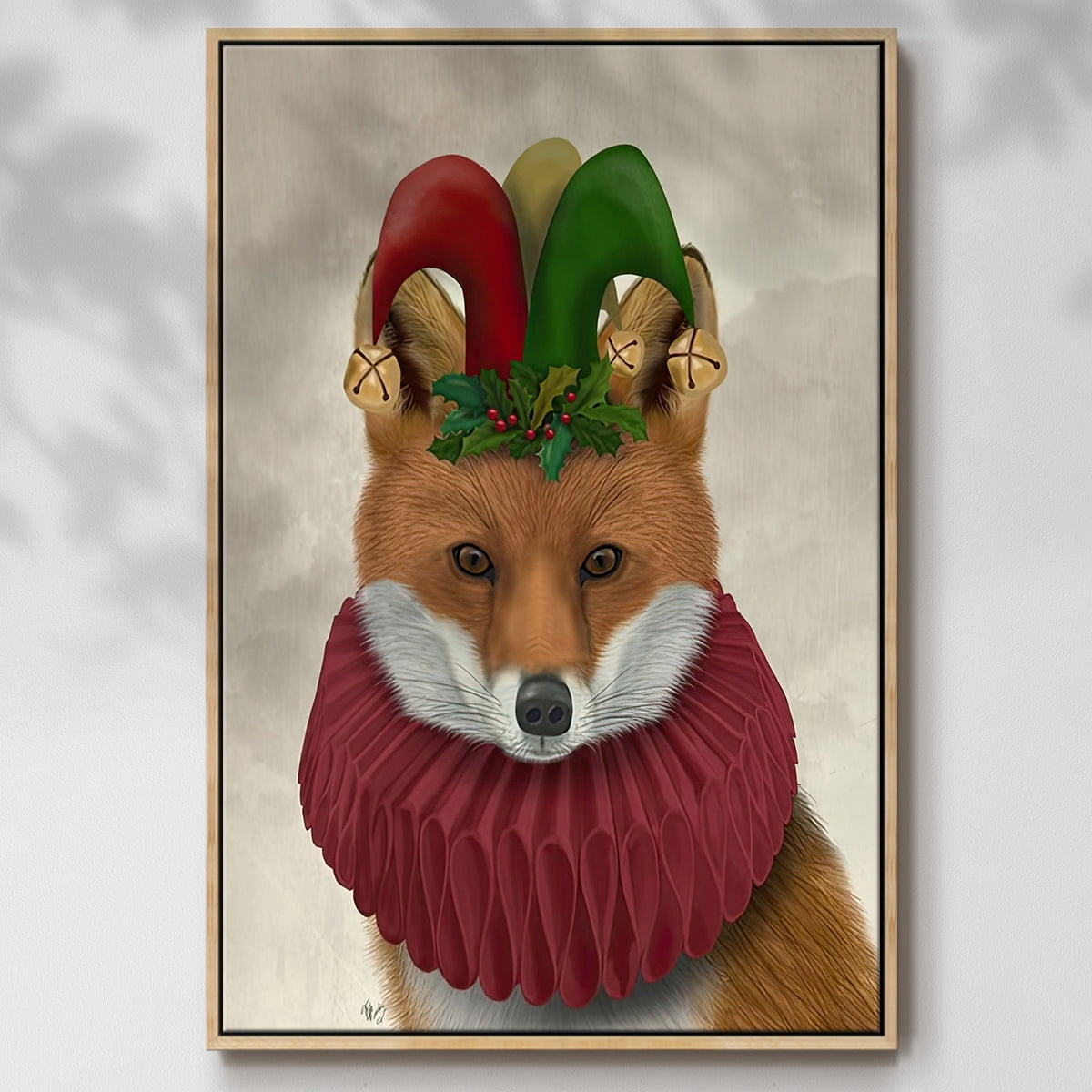 Christmas Foxy Christmas Fool - Framed Gallery Wrapped Holiday Canvas - 27 x 41 - Natural Wood Frame