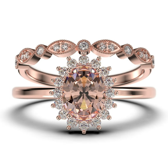 Beautiful Minimalist 2.00 Carat Oval Cut Morganite And Diamond Moissanite Engagement Ring, Classic Halo Wedding Ring, One Matching Band in 10k Solid Rose Gold Band, Gift For Her, Promise Ring