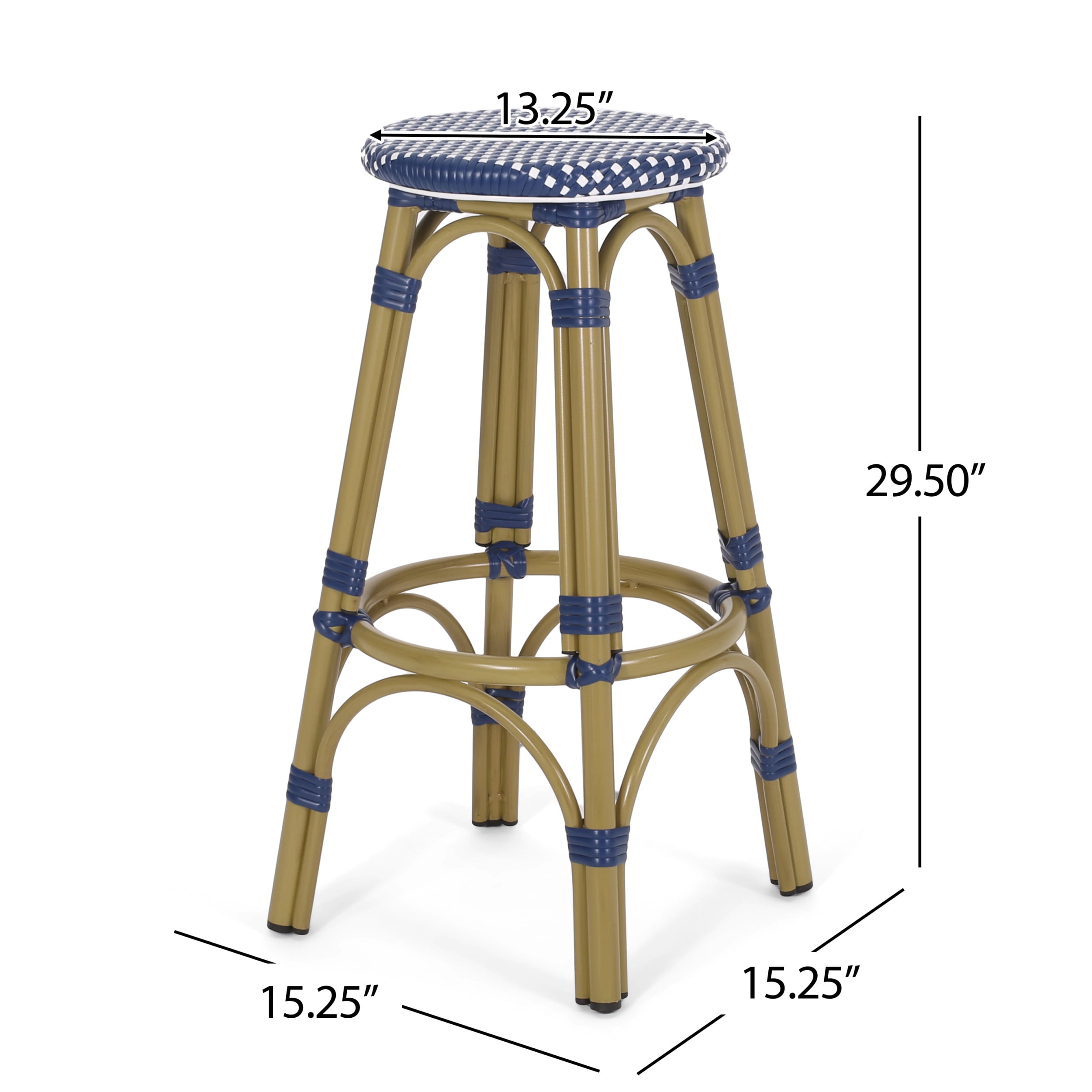 Wilbur Aluminum and Wicker Outdoor 29.5 Inch Barstools, Set of 2, Navy Blue, White, and Bamboo Finish