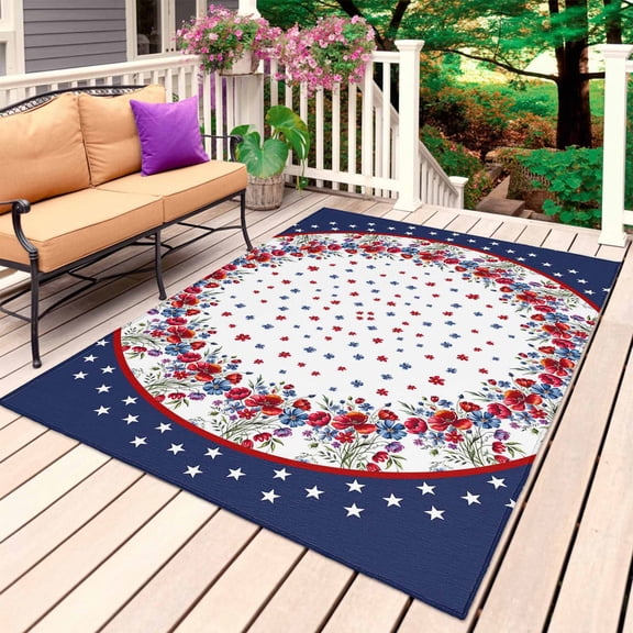 Red Flowers Outdoor Rug for Patio/Deck/Porch, Non-Slip Large Area Rug 5 x 7 Ft, Independence Day Stars Retro Country Indoor Outdoor Rugs Washable Area Rugs, Reversible Camping Rug Carpet Runner