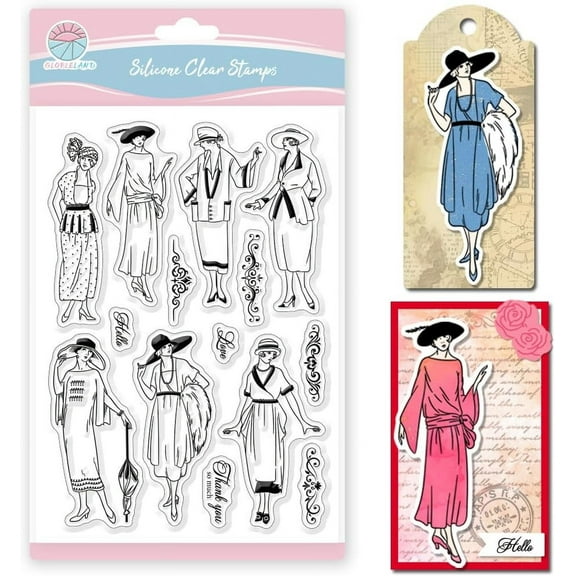 Vintage Woman Clear Stamps for Scrapbooking Fashion Lady Silicone Stamps Boom Border Transparent Stamp for Card Making DIY Embossing Journaling