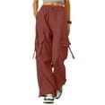 thumbnail image 3 of Womens Cargo Pants High Waisted Baggy Wide Leg Plus Size Parachute Pants with Pockets and drawstring Cargos Lightweight Trousers Y2K Wine XXL, 3 of 7