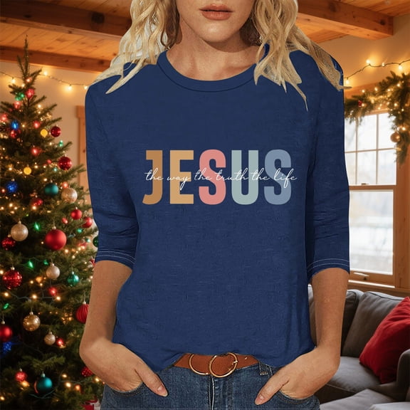 Mifsaly Christmas Shirts for Women Plus Size 3/4 Sleeve Xmas T-Shirts Crewneck Loose Tunic Thanksgiving Pullover Tops 2025 Holiday Festival Party Blouse Support for Watching Movies