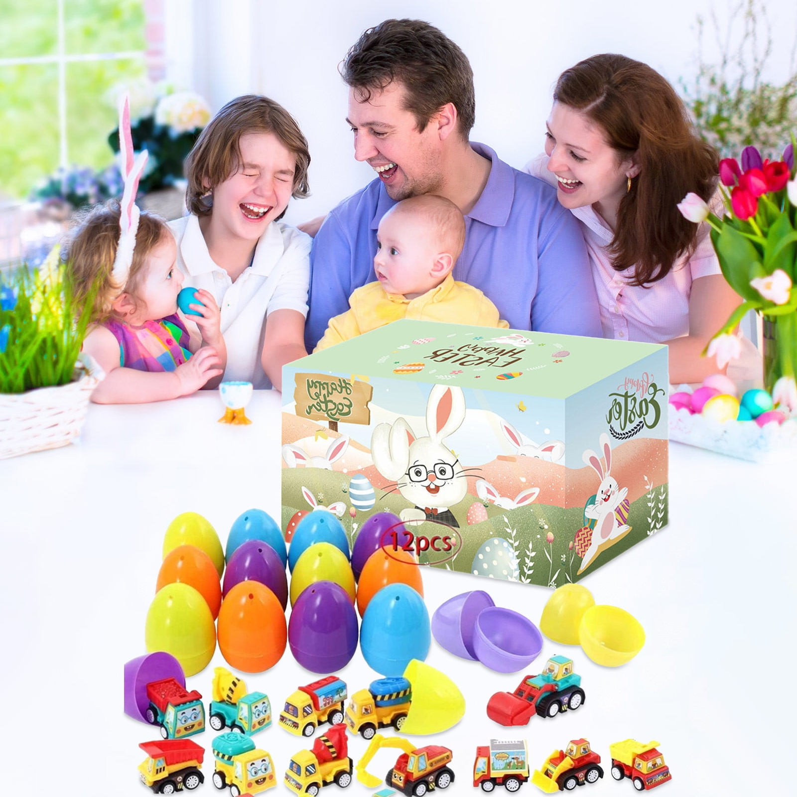 Prefilled Easter Eggs With Pull Back Cars Or Dinosaur Toys 12-Pack For Party Gifts And Holiday Fun