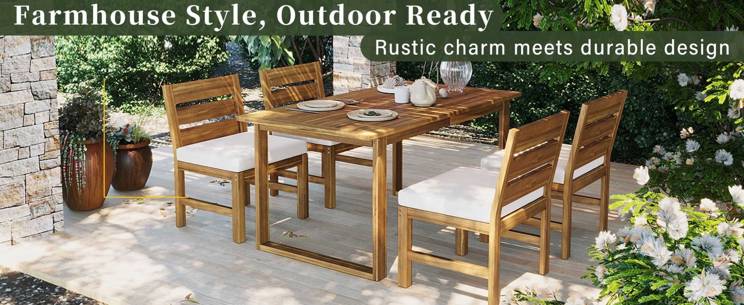 Mintazer Farmhouse 5-Piece Outdoor Dining Set, Weatherproof Slatted Patio Table & Slatted Back Armless Chairs with Removable Cushions for Patio Garden Backyard Decor, Beige & Natural