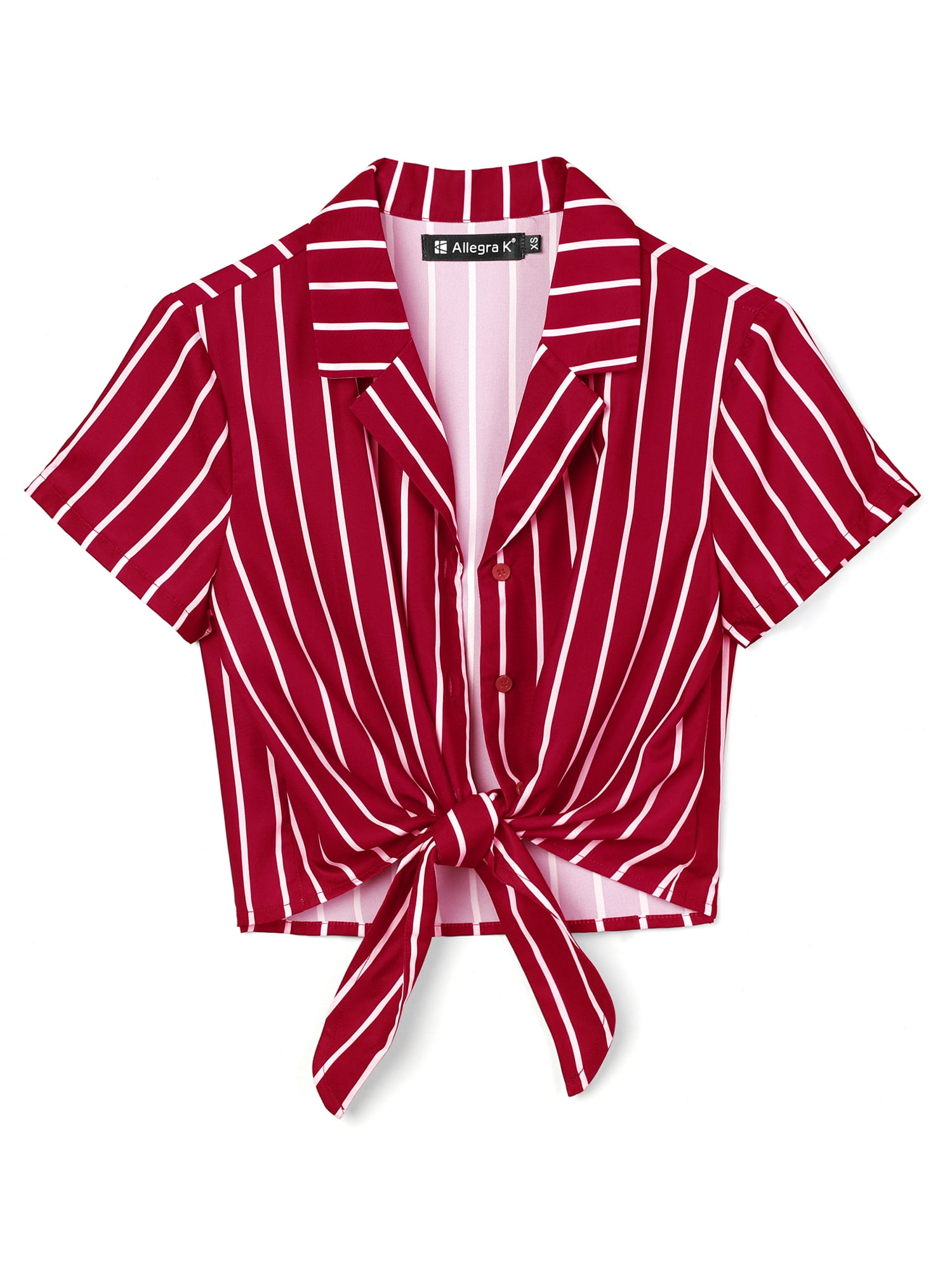 INSPIRE CHIC Women's Stripe Button up Short Sleeve Tie Front Short Shirts S Red