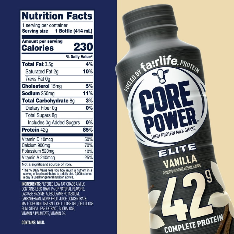 Core Power Elite High Protein Shake with 42g Protein by fairlife Milk,  Vanilla, 14 fl oz, 12 count