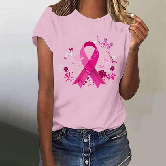 VKOYWKM Pink Ribbon T Shirt for Women Breast Cancer Awareness Shirts Short Sleeve Inspirational T-Shirts Loose Fit Crew Neck Breast Cancer Tee Tops