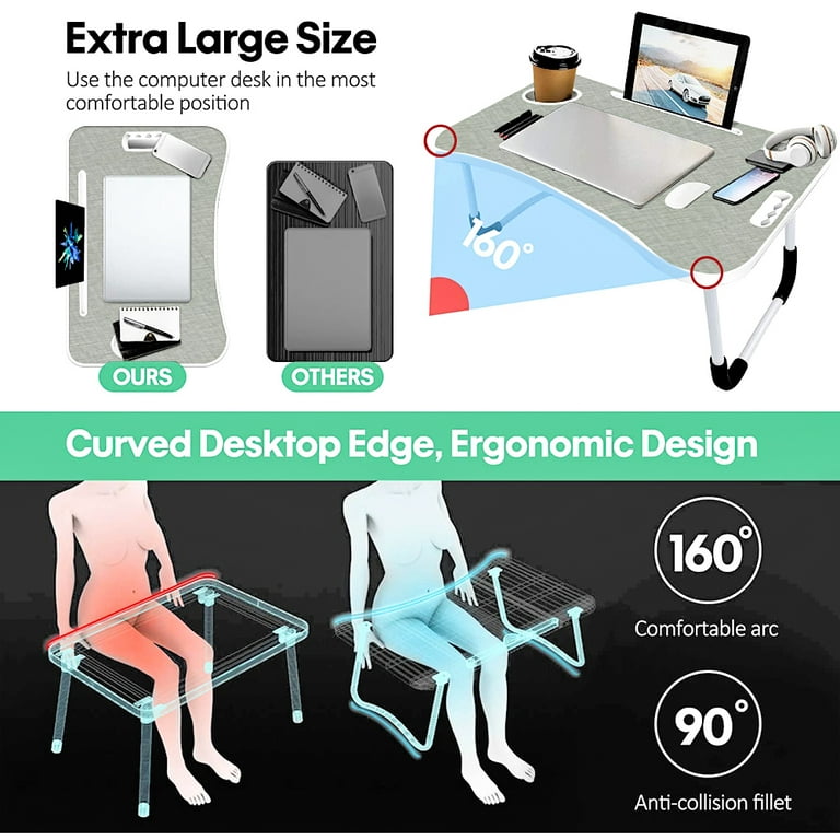 Bed Tray Table Folding Legs with Phone Tablet Holder, Cup Holder, USB Cable  Hole, Breakfast Food Tray for Sofa Bed Eating Drawing, Platters Serving