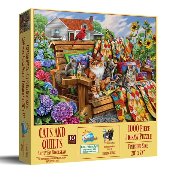 SUNSOUT INC - Cats and Quilts - 1000 pc Jigsaw Puzzle by Artist: Eva Nikolskaya - Finished Size 20" x 27" - MPN# 70808