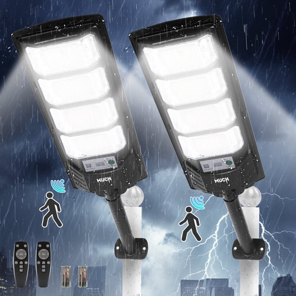 MUCH Solar Street Lights for Outside Dusk to Dawn 192 LED 8500K Waterproof Motion Sensor Security Light, 2 Pack