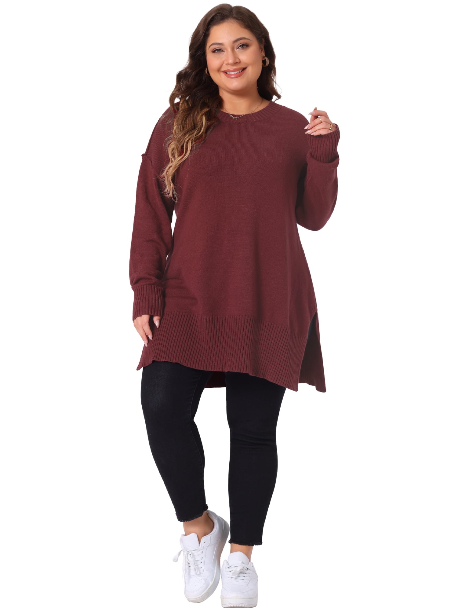 DARING DIVA Women's Plus Crew Neck Long Sleeve Slit Hem Pullover Sweater 3X Burgundy