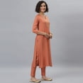 thumbnail image 5 of Janasya Indian Round Neck 3/4 Sleeve Solid Coral Rayon Kurta With Pant and Dupatta For Women, 5 of 9