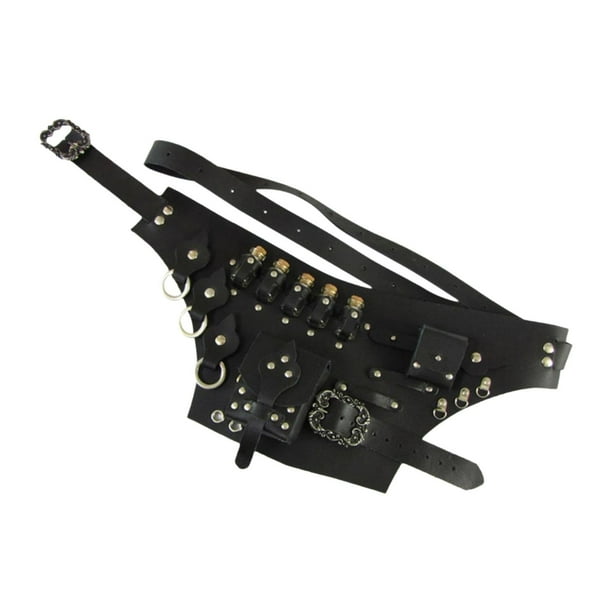 Riñonera medieval, cinturón de pociones para juegos de rol informales y fiestas de Halloween. Negro