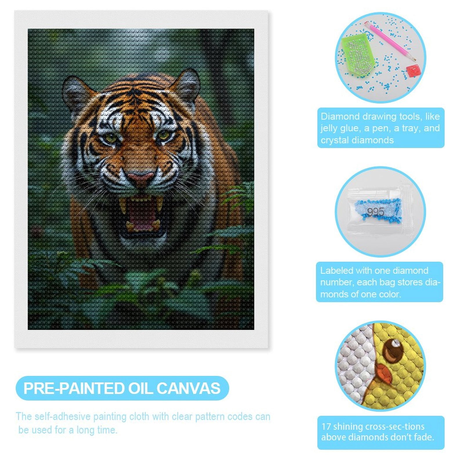 Diamond Art Kits for Adults - Tiger In Jungle Growling Closeup 5d Diamond Painting for Adults, Diamond Art for Adults Beginners, Frameless Diamond Painting Kits for Adults for Home Wall Decor