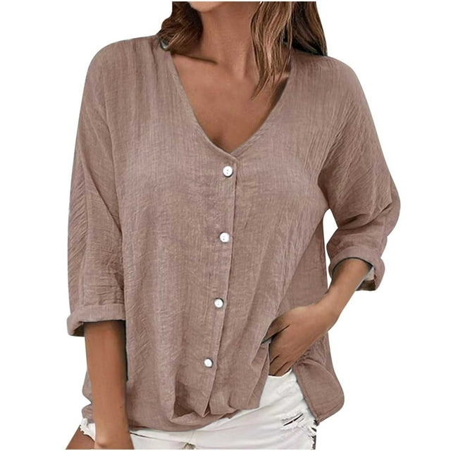 Yuyuzo Womens Button down Shirts 3/4 Sleeve Deep V Neck Lightweight Solid Color Comfy Blouses
