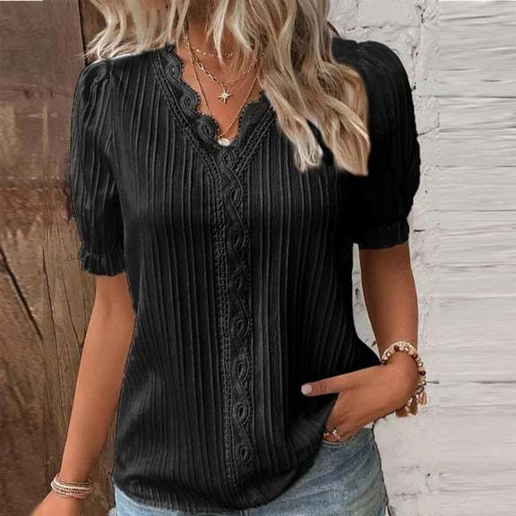 nochalofo Black V-Neck Casual Womens Tops, Summer Lace Plain Lace Elegant Shirt Fashion Solid Color Elegant Blouse Short Sleeve Comfy Soft Tee