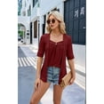 thumbnail image 3 of Fake Two-Piece Square Collar Patchwork Buttons 3/4 Sleeve Tunics Blouse T-Shirt Wine Red XL, 3 of 7