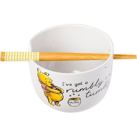 Silver Buffalo Disney Winnie the Pooh Rumbly in My Tumbly Ceramic Ramen Noodle Rice Bowl with Chopsticks, Microwave Safe, 20 Ounces