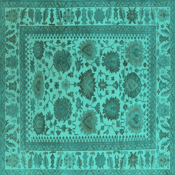 Ahgly Company Machine Washable Indoor Square Oriental Turquoise Blue Traditional Area Rugs, 5' Square