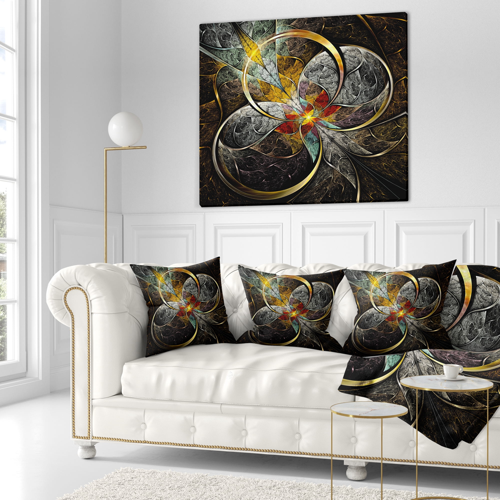 Designart Symmetrical Brown Fractal Flowers - Abstract Throw Pillow - 16x16