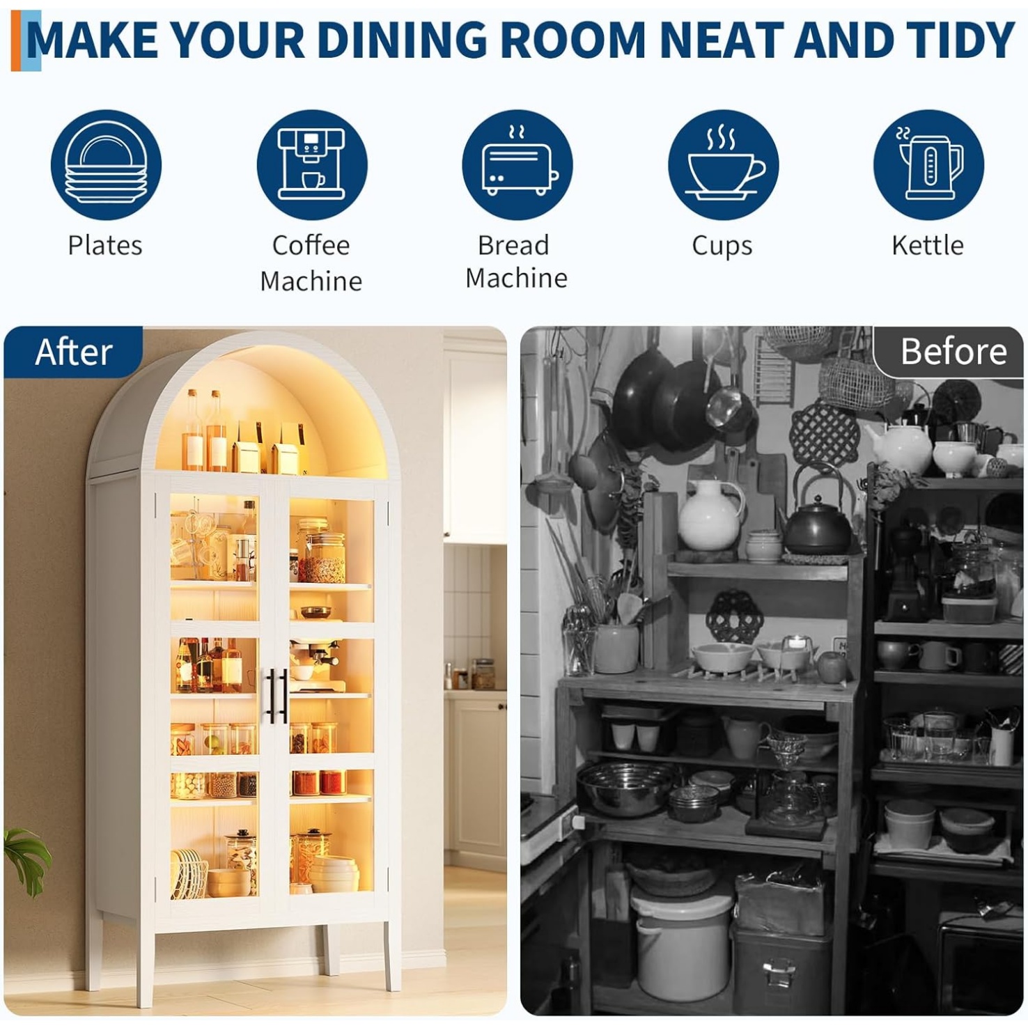 Home 70" Tall Arched Kitchen Pantry Cabinet with LED Lights, Modern Wood Arched Bookshelf with Glass Doors & Adjustable Shelves, Elegant Display Cabinet for Kitchen, Dining Room, Living Room