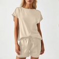 thumbnail image 2 of Conjunto informal de dos piezas para mujer: top de cuello redondo y manga corta y pantalones de cintura alta, corte holgado, 2 of 6