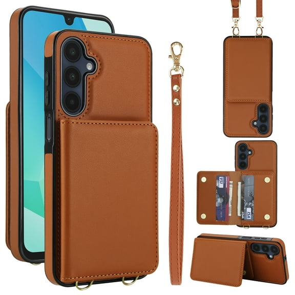 For Samsung Galaxy A26 5G Phone Case Wallet Card Holder,RFID Blocking PU Leather Back Magnetic Flip Kickstand Folio Case Wrist Lanyard & Crossbody Strap Protective Women Girls Cover,Brown