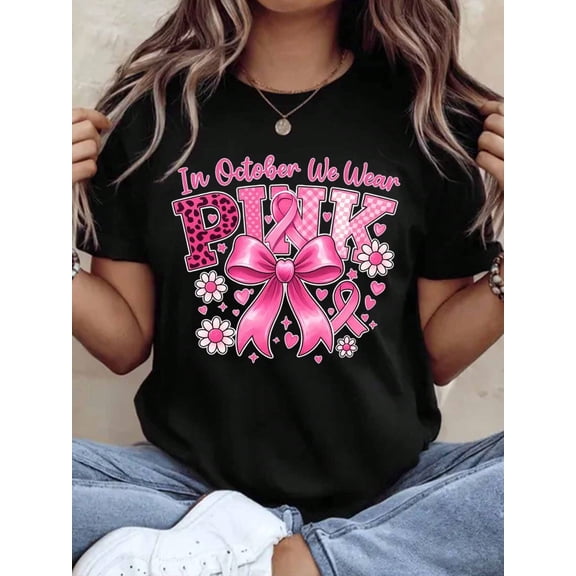 In October We Wear Pink Shirt Women Breast Cancer Awareness Graphic Tee Casual Short Sleeve Top Fall Fashion Gift