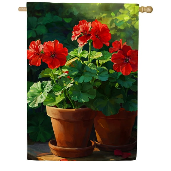 America Forever Red Geranium Pots House Flag, 28 x 40 inch Double Sided, Geranium Flowers Terracotta Clay Pots, Spring Summer Garden Container, Classic Garden Flag