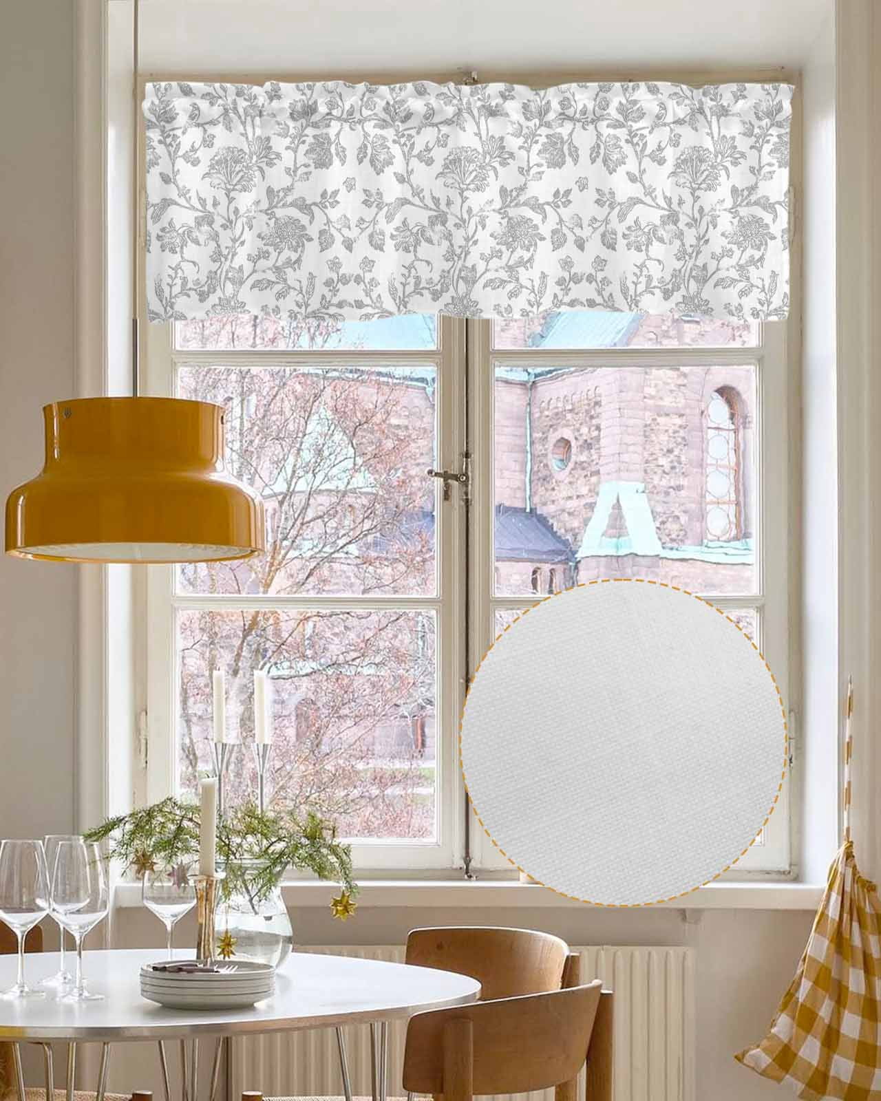 Boho Gray Flower Kitchen Valances for Windows Farmhouse Linen Window Valance Curtain for Living Room Window Treatment Vintage Farmhouse Leaf Spring Plant Valance Rod Pocket Topper Drape, 42 x 18 Inch