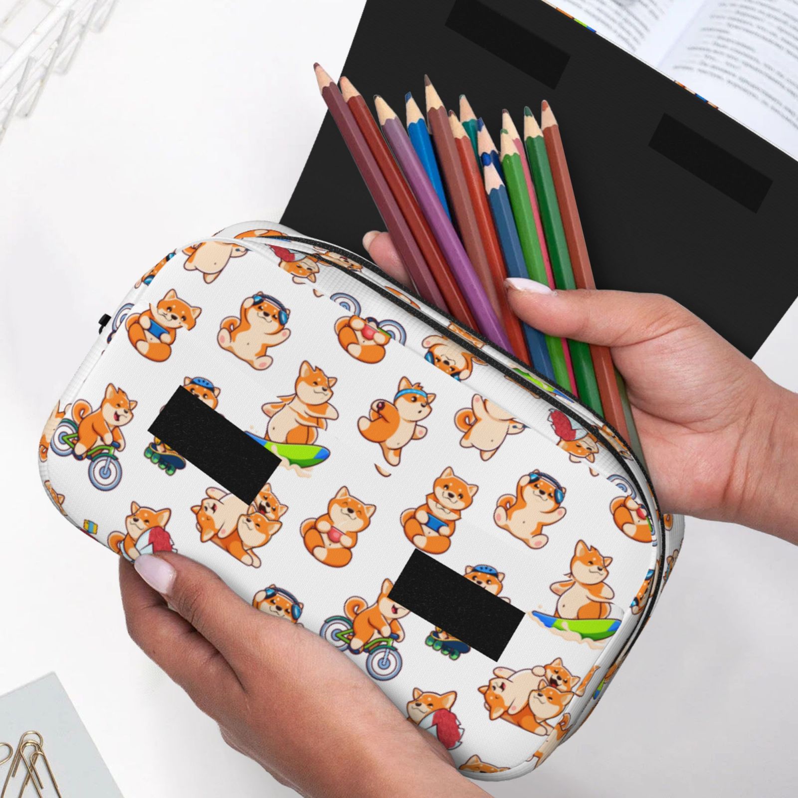 Rateoe Kawaii Shiba Dog Pattern Double Clamshell Pen Case, Storage Organizer with Two Zipper Compartments– Holds Up to 50 Pencils & Pens