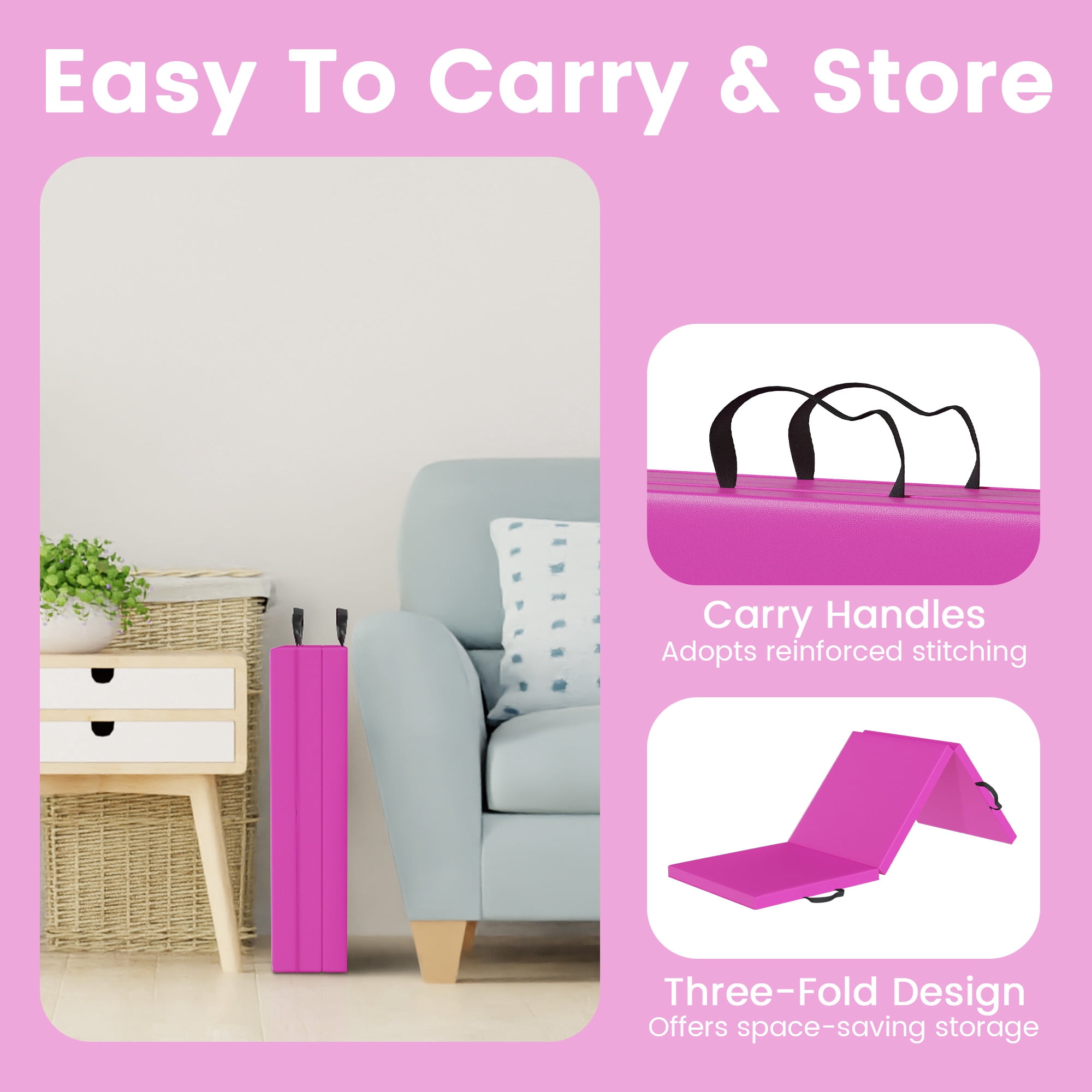 Sprint Demon Folding Exercise Mat, 2ft x 6ft Three Fold Exercise Mat with Carrying Handles for Yoga, MMA, Gymnastics and Home Gym Protective Flooring, 2-inch Thick, Pink