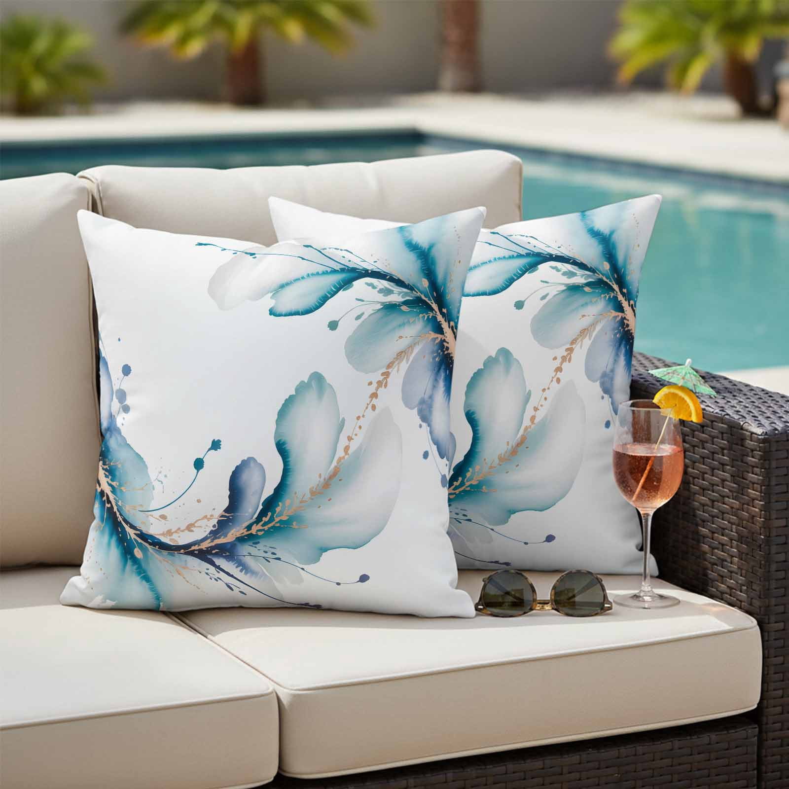 Blue Marble Stone Outdoor Waterproof Throw Pillow Covers 24x24 Set of 2, White Ink Splash Farm Marble Abstract Decorative Pillowcases Cushion Pillowcase for Couch Sofa Patio Outside Pillow Protector