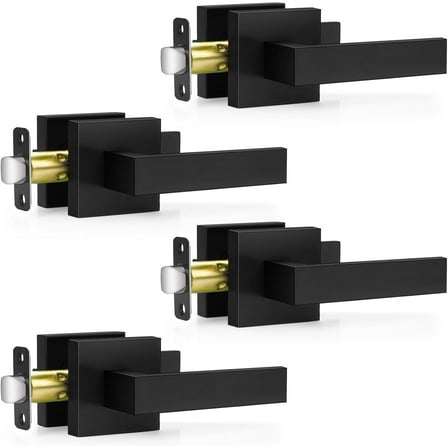 4 Pack Matte Black Door Handles, Keyrank Keyless Interior Door Knobs, Privacy Door Lever Locksets for Bedroom Bathroom, Heavy Duty Square Door Lock, Reversible for Left & Right Handled Doors