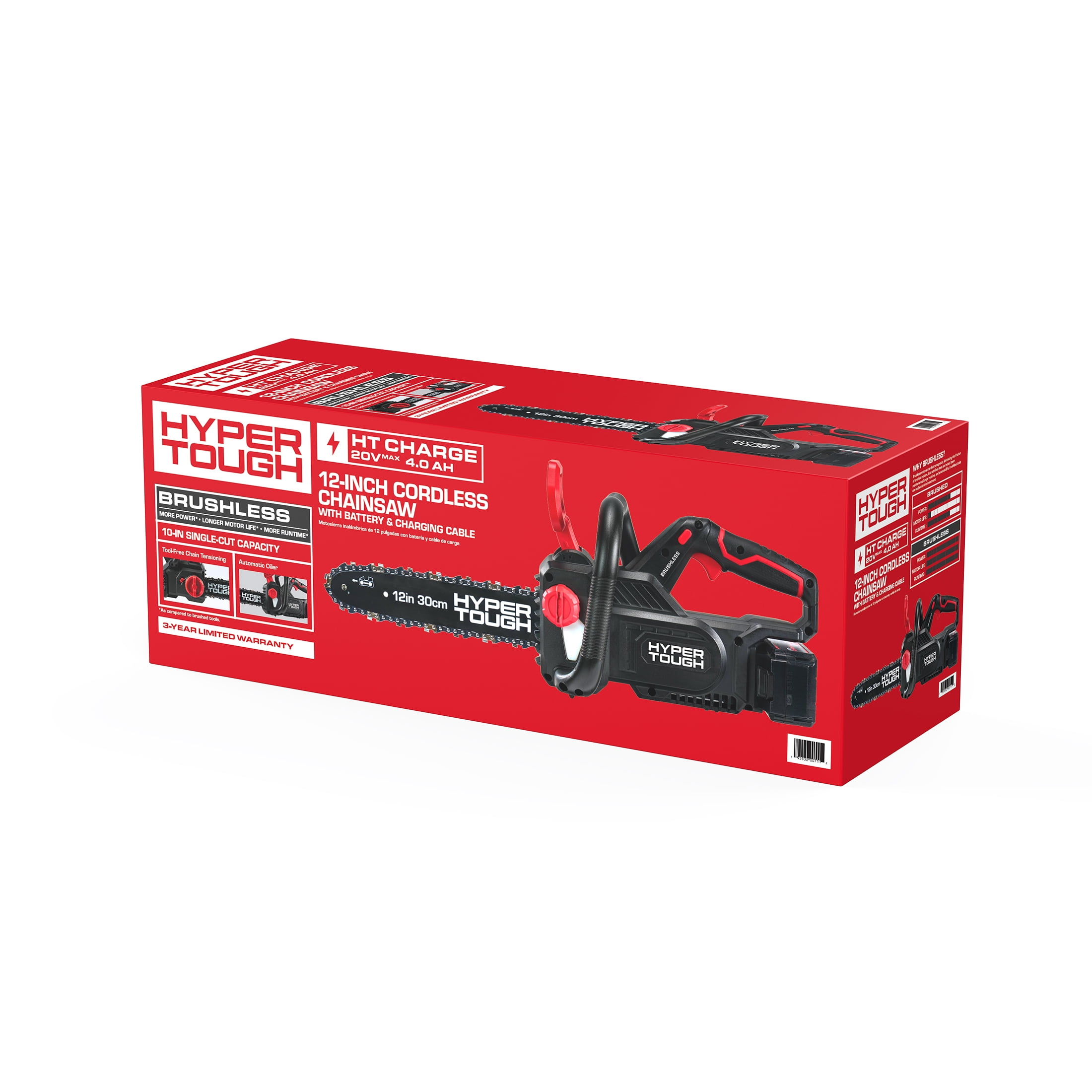 Hyper Tough 12" 20V Brushless Cordless Chainsaw with 20V Max 4.0Ah Battery and Charging Cable