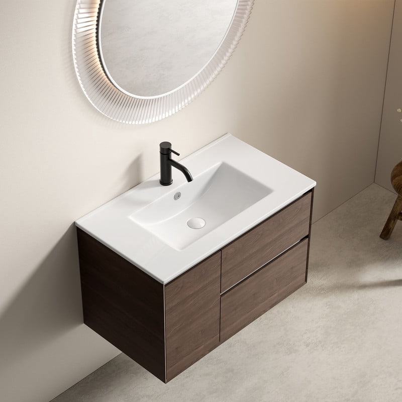 TICOZE Glossy White 30" Bathroom Vessel Sink, Durable Ceramic Bathroom Sink with Integrated Bathroom Vanity Sink Top, Pre-Drilled for Standard Faucet, Overflow Protection,Drain-Free Storage Design
