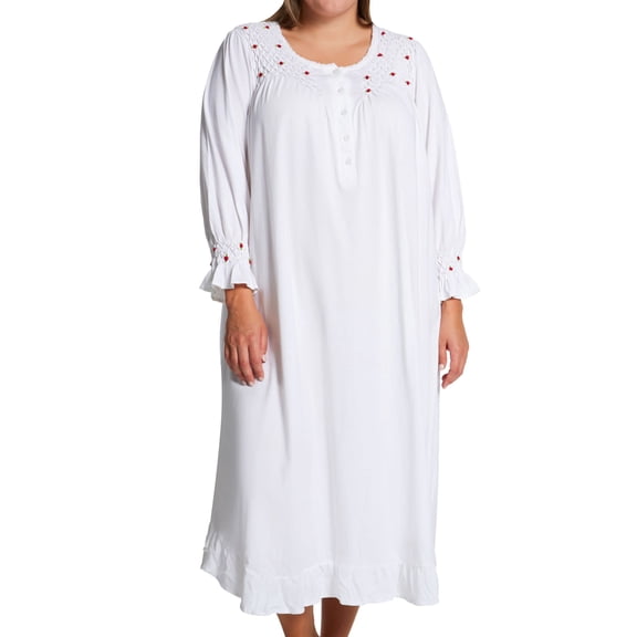 Women's La Cera 1538X Plus 100% Cotton Knit Red Rose Long Sleeve Gown (White 2X)