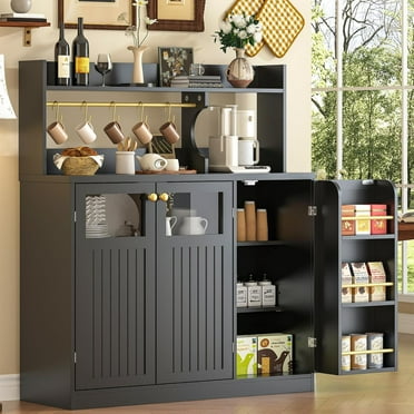 Winkalon Coffee Bar Cabinet with Hutch, 41.3" W Kitchen Buffet Sideboard Cabinet with 3 Doors & 5-Tier Shelf for Dining Room, Living Room, Black
