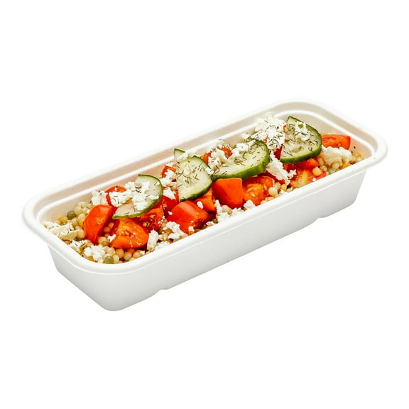 Pulp Tek 17 oz Rectangle Natural Sugarcane / Bagasse Catering Container - 3-Compartment - 9 1/4" x 3 3/4" x 1 3/4" - 100 count box